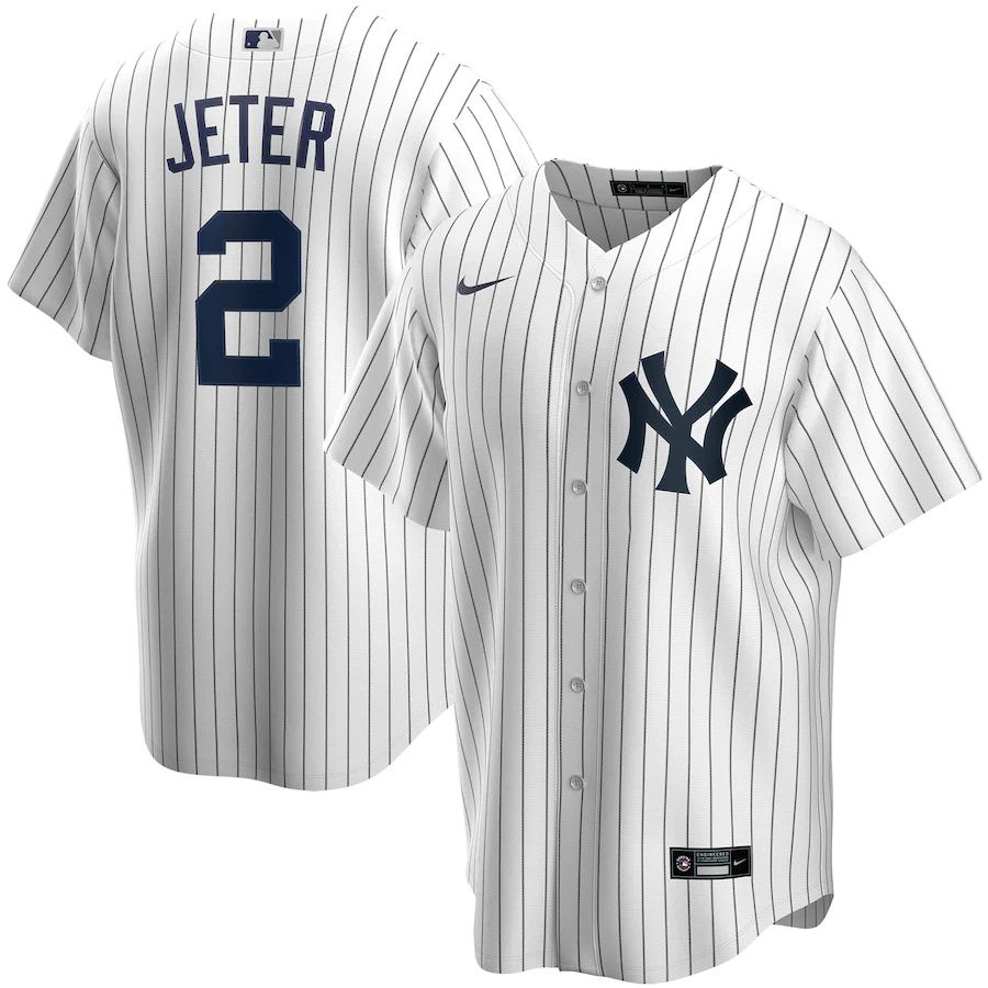 Mens New York Yankees #2 Derek Jeter Nike White Navy Home Replica Player Name MLB Jerseys->new york yankees->MLB Jersey